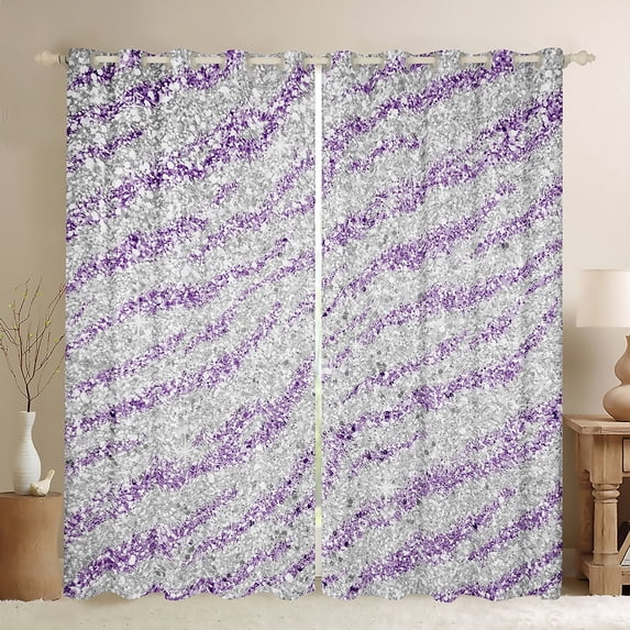 Homewish Abztract Zebra Stripe Black Out Curtains,Diamond Sequin Print Curtains Pack of 2 (42x63 Each),Purple Gray Bedroom Curtains For Girsl Kids,Breathable Home Decor