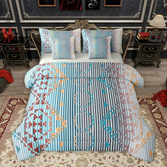 Homewish Adult Bohemian Abstract Bedding Comforter Set 7pcs, Cyan Hippie Aztec King Bedding Sets, Chic Old Fashion Reversible Bed Sheets, Lightweight Room Decor