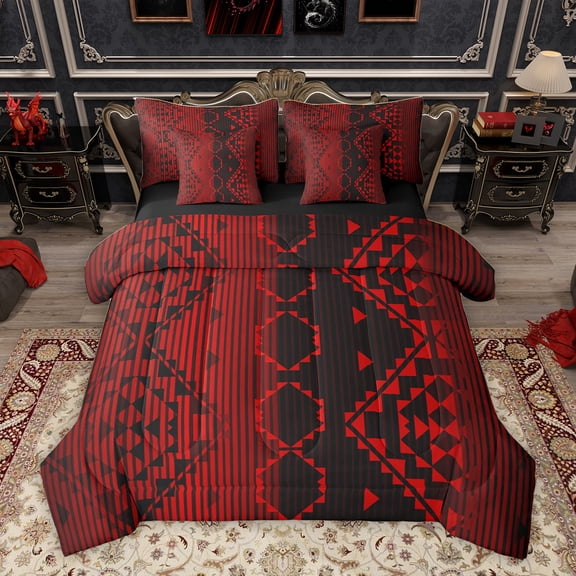 Homewish Adult Bohemian Abstract Bedding Comforter Set 7pcs, Red Black Hippie Aztec King Bedding Sets, Chic Old Fashion Reversible Bed Sheets, Breathable Home Decor