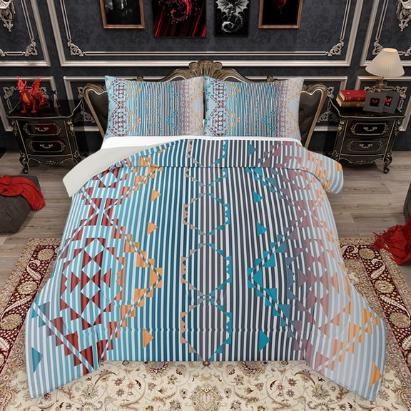 Homewish Adult Bohemian Abstract Bedding Comforter Set, Cyan Hippie Aztec Twin Comforter Sets, Chic Old Fashion Reversible Bedding Set, Lightweight Room Decor, 2 Pieces