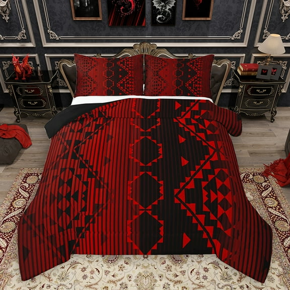 Homewish Adult Bohemian Abstract Full Size Comforter Sets, Red Black Hippie Aztec Bedding Comforter Set, Chic Old Fashion Reversible Bedding Sets, Breathable Home Decor, 3 Pieces