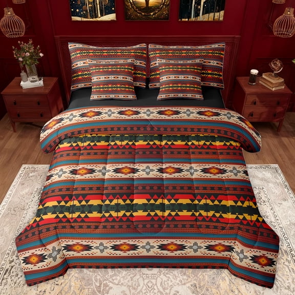 Homewish Adult Bohemian Aztec Bedding Comforter Set 7pcs, Mid Century Fashion King Bedding Sets, Tribal Hippie Style Reversible Bed Sheets, Lightweight Room Decor
