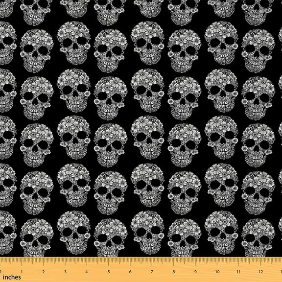 Homewish Adult Bohemian Skeleton Fabric by the Yard 1 Yard, Black Grey Gothic Skull Room Decor Fabric by the Yard, Hippie Mandala Sewing Fabric, Lightweight Room Decor