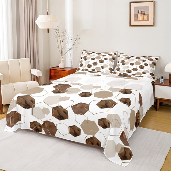 Homewish Adult Chic Honeycomb Queen Sheet Sets, Brown Art Watercolor Flat Sheet, Fashion Abstract Ombre Queen Fitted Sheet, Breathable Home Decor, 4 Pieces