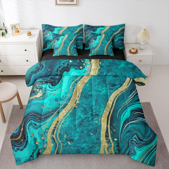 Homewish Adult Fashion Marble Bedding Comforter Set 7-Piece, Teal Gold Abstract Ombre King Bedding Sets, Modern Artwork Reversible Bed Sheets, Lightweight Room Decor