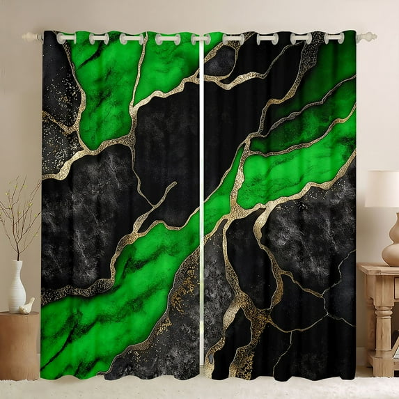 Homewish Adult Fashion Marble Black Out Curtains, Black Green Abstract Ombre Curtains Pack of 2 (42x63 Each), Modern Artwork Bedroom Curtains, Curtains Blackout Home Decor