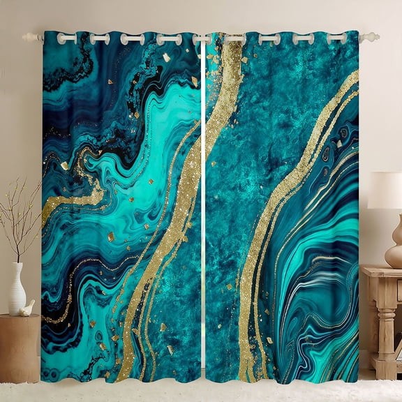 Homewish Adult Fashion Marble Black Out Curtains, Teal Gold Abstract Ombre Curtains Pack of 2 (42x63 Each), Modern Artwork Bedroom Curtains, Curtains and Drapes Decor