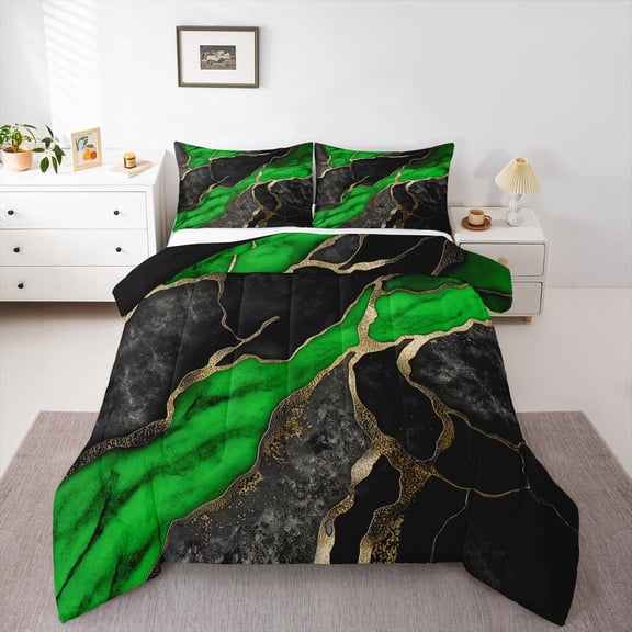 Homewish Adult Fashion Marble Queen Comforter Set, Black Green Abstract Ombre Bedding Sets, Modern Artwork Reversible Bedding Comforter Set, Breathable Home Decor, 3 Pieces