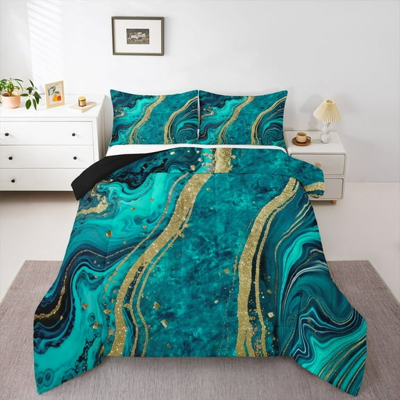Homewish Adult Fashion Marble Queen Comforter Set, Teal Gold Abstract Ombre Bedding Sets, Modern Artwork Reversible Bedding Comforter Set, Lightweight Room Decor, 3 Pieces