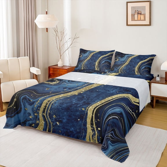 Homewish Adult Fashion Marble Queen Sheet Sets, Navy Gold Abstract Ombre Flat Sheet, Modern Artwork Queen Fitted Sheet, Ultra Soft Bedroom Decor, 4pcs