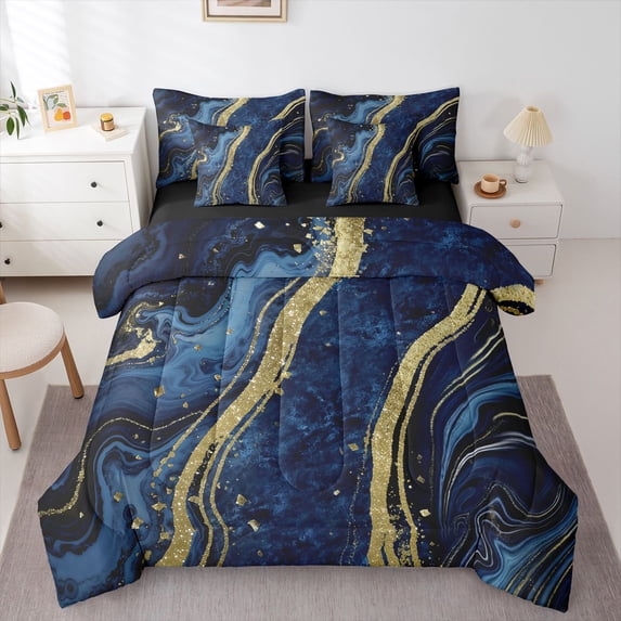 Homewish Adult Fashion Marble Twin Bedding Sets 7-Piece, Navy Gold Abstract Ombre Bedding Comforter Set, Modern Artwork Reversible Sheet Sets, Ultra Soft Bedroom Decor