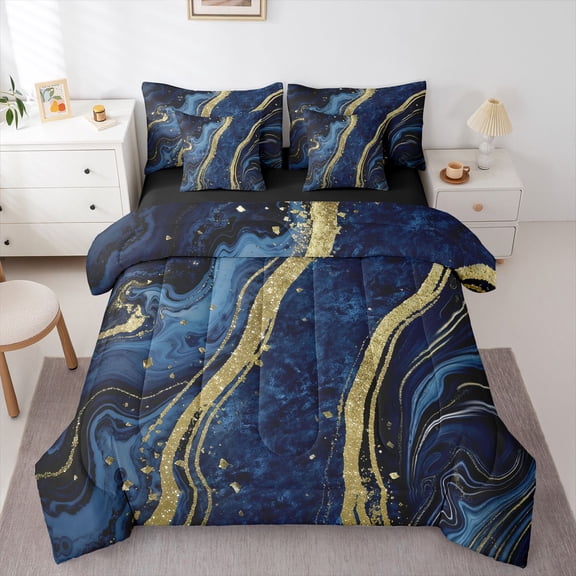 Homewish Adult Fashion Marble Twin Bedding Sets 7-Piece, Navy Gold Abstract Ombre Bedding Comforter Set, Modern Artwork Reversible Sheet Sets, Ultra Soft Bedroom Decor
