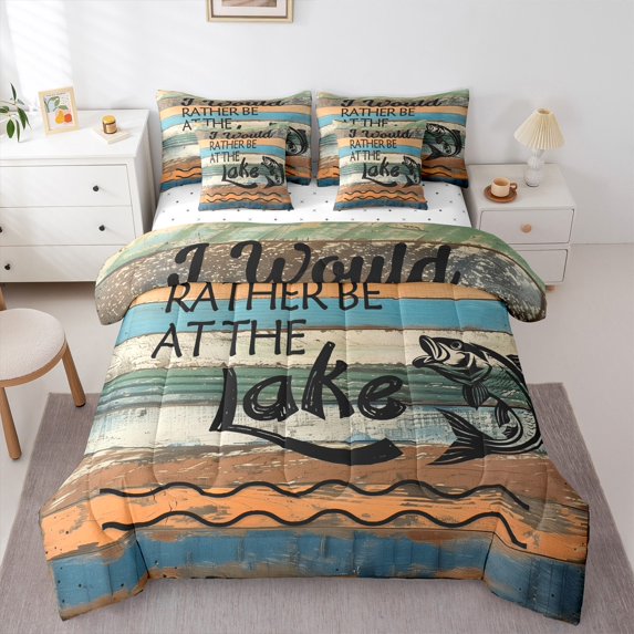 Homewish Adult Hunting and Fishing Bedding Comforter Set 7pcs, Vintage Lake House Queen Bedding Sets, Rustic Farmhouse Reversible Queen Sheet Sets, Lightweight Room Decor