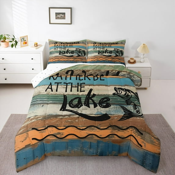 Homewish Adult Hunting and Fishing Full Size Comforter Sets, Vintage Lake House Bedding Comforter Set, Rustic Farmhouse Reversible Bedding Sets, Lightweight Room Decor, 3-Piece