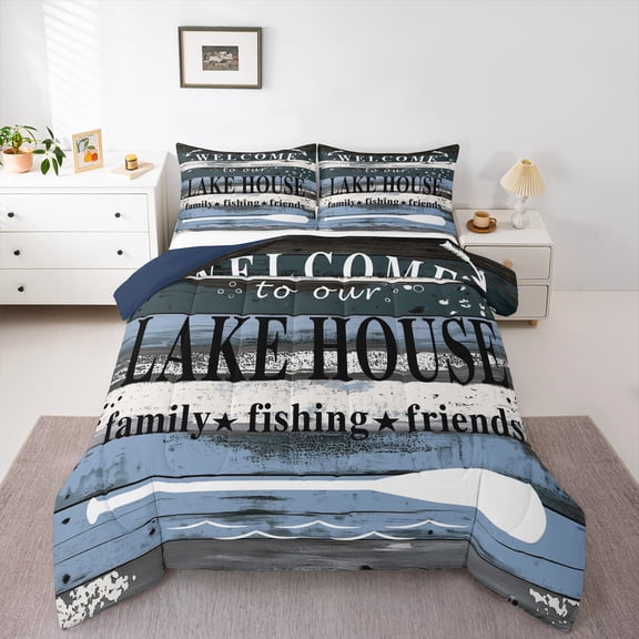 Homewish Adult Hunting and Fishing Queen Comforter Set, Blue Lake House Bedding Sets, Rustic Farmhouse Reversible Bedding Comforter Set, Microfiber Bedroom Decor, 3 Pieces