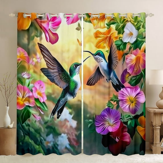 Homewish Adult Jungle Bird Curtains Pack of 2 (42x84 Each), Rustic Hummingbird Animal Curtains Blackout, Purple Flower Bedroom Curtains, Window Curtains Bedroom Decor
