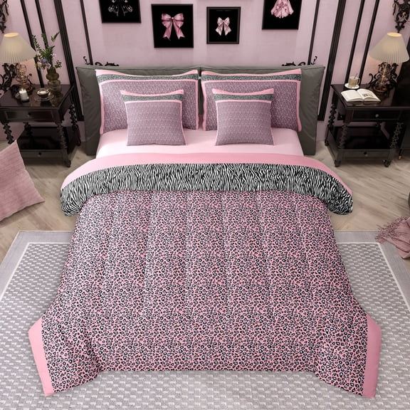 Homewish Adult Modern Fashion Bedding Comforter Set 7pcs, Pink Cheetah Leopard Print King Bedding Sets, Stripes Abstract Reversible Bed Sheets, Breathable Home Decor