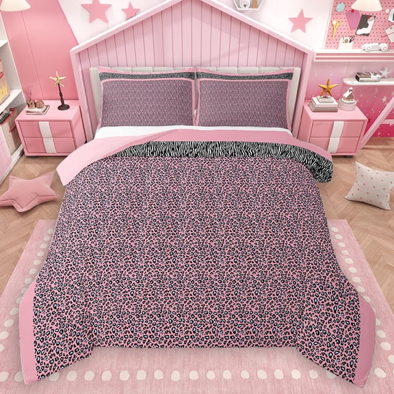 Homewish Adult Modern Fashion Queen Comforter Set, Pink Cheetah Leopard Print Bedding Sets, Stripes Abstract Reversible Bedding Comforter Set, Breathable Home Decor, 3 Pieces