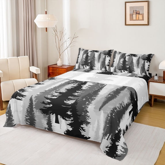 Homewish Adult Rustic Farmhouse Queen Sheet Sets, Jungle Botanical Flat Sheet, Grey Watercolor Art Queen Fitted Sheet, Super Cozy Room Decor, 4-Piece