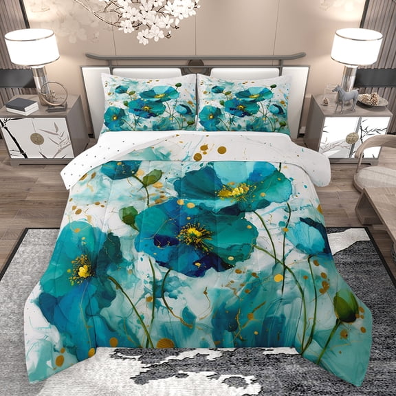 Homewish Adult Splatter Flower Queen Comforter Set, Chic Abstract Marble Bedding Sets, Teal Marbling Reversible Bedding Comforter Set, Super Cozy Room Decor, 3-Piece