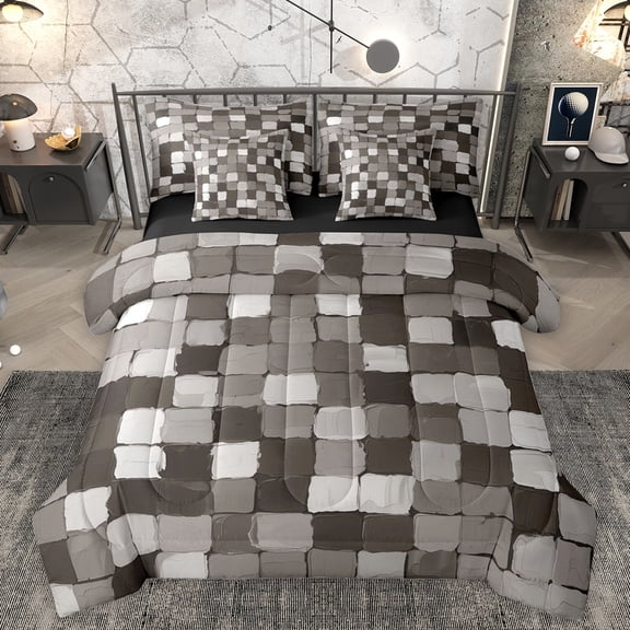 Homewish Adult Stripe Abstract Twin Bedding Sets 7-Piece, Modern Fashion Buffalo Bedding Comforter Set, Black Grey Square Rectangle Reversible Sheet Sets, Luxury Bedroom Decor