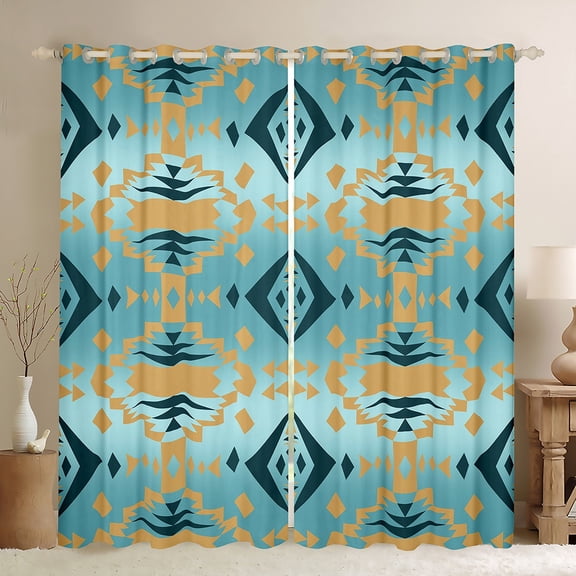 Homewish Adult Turquoise Aztec Black Out Curtains, Chic Triangle Abstract Curtains Pack of 2 (42x63 Each), Western Hippie Bohemian Bedroom Curtains, Living Room Curtains Decor