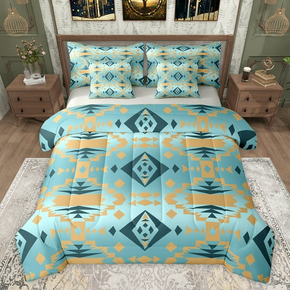 Homewish Adult Turquoise Aztec Twin Bedding Sets 7-Piece, Chic Triangle Abstract Bedding Comforter Set, Western Hippie Bohemian Reversible Sheet Sets, Luxury Bedroom Decor