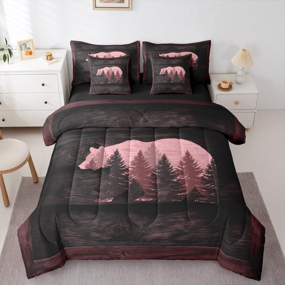 Homewish Adult Wildlife Bear Bedding Comforter Set 7-Piece, Rustic Lodge Cabin King Bedding Sets, Animal Wildlife Reversible Bed Sheets,Lightweight Room Decor