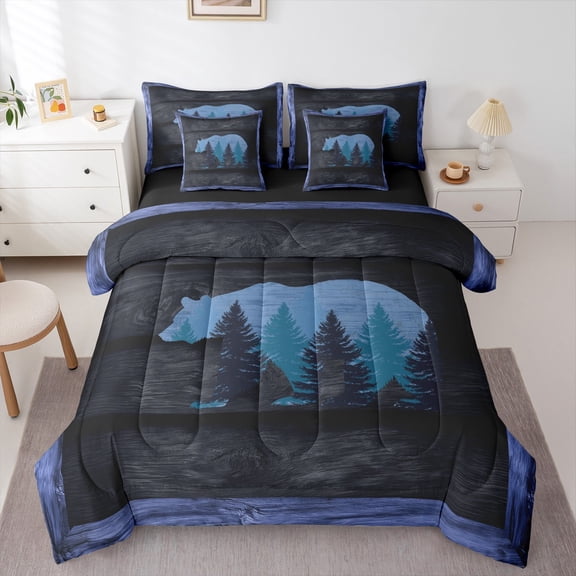 Homewish Adult Wildlife Bear Twin Bedding Sets 7-Piece, Rustic Lodge Cabin Bedding Comforter Set, Animal Wildlife Reversible Sheet Sets, Breathable Home Decor