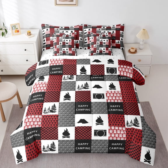 Homewish Adventure Theme 7-Piece Twin Bedding Sets for Teens Boys Girls,Black Red Bedding Comforter Set,Happy Camping Breathable Sheet Sets,Ultra Soft Home Decor,Reversible