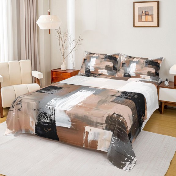 Homewish Aesthetic Brown Geometric Bed Sheets,Retro Abstract Art Full Size Sheets,4 Pieces,1 Flat Sheet, 1 Fitted Sheet and 2 Pillowcases