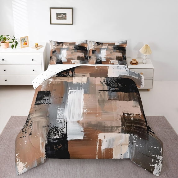 Homewish Aesthetic Brown Geometric Queen Comforter Set,Retro Abstract Art Comforter Sets Queen,Reversible,3pcs,1 Comforter and 2 Pillowcases