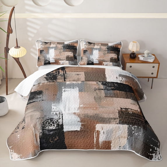 Homewish Aesthetic Brown Geometric Twin Quilt Set,Retro Abstract Art Twin Coverlet Set,2pcs