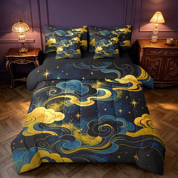 Homewish Aesthetic Clouds Twin Bedding, Psychedelic Stars Bedding Comforter Set, Black Reversible 7-Piece