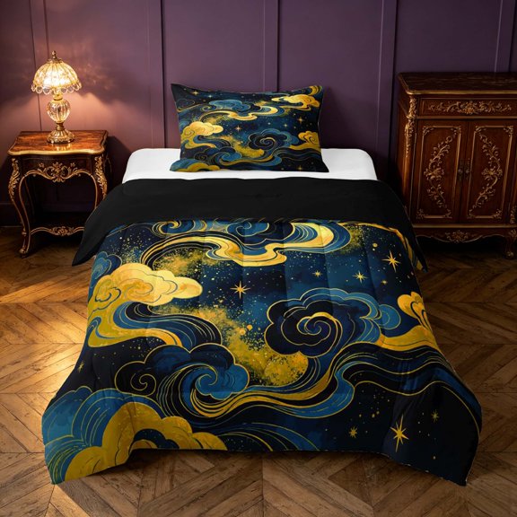 Homewish Aesthetic Clouds Twin Comforter Sets, Psychedelic Stars Bedding Set, Black Reversible 2 Pieces, 1 Comforter and 1 Pillowcase