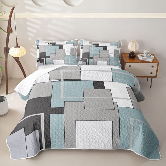 Homewish Aesthetic Geometric Quilt Full,Modern Abstract Full Bedspread Sets,Light Blue,3-Piece