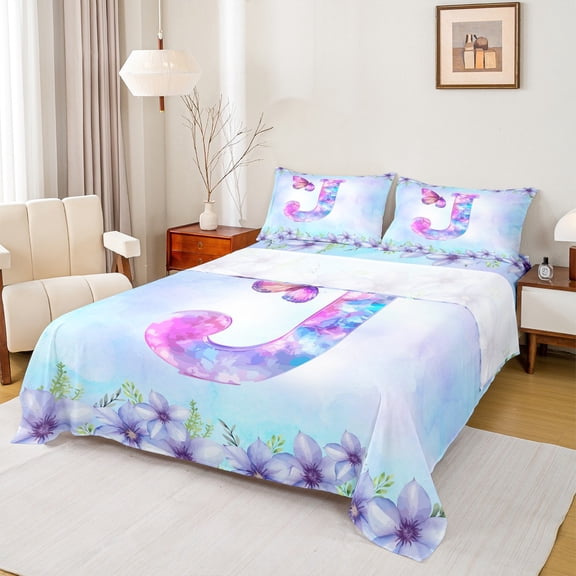 Homewish Aesthetic Letter J Bed Sheets for Kids, Blue Kawaii Butterfly King Sheets, Fairy Tale Princess Style Sheet Set, Lightweight Room Decor, 4pcs