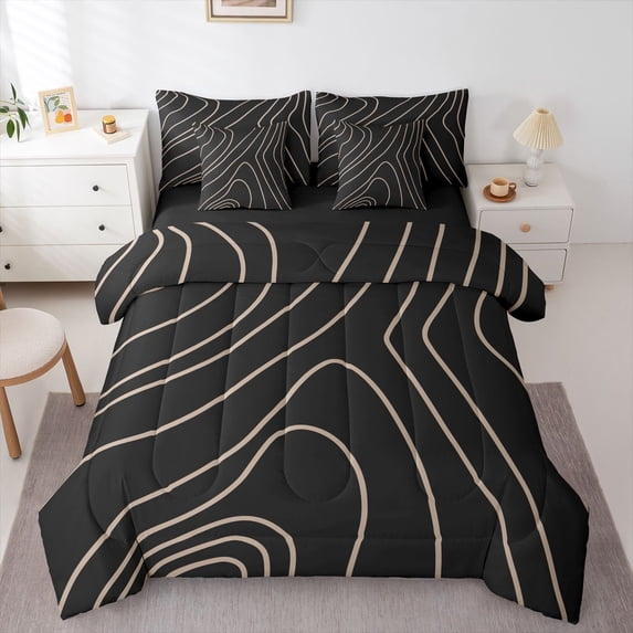 Homewish Aesthetic Lines 7 Pieces Full Size Bedding Sets,Minimalist Artwork Full Size Bed in a Bag,Black Brown,Black Reversible