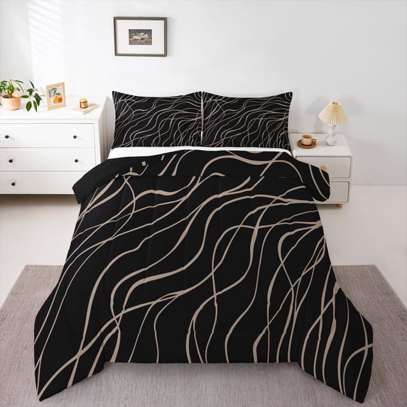 Homewish Aesthetic Lines Full Size Comforter Sets,Modern Abstract Bedding Comforter Set,Black Brown,Black Reversible,3pcs,1 Comforter and 2 Pillowcases