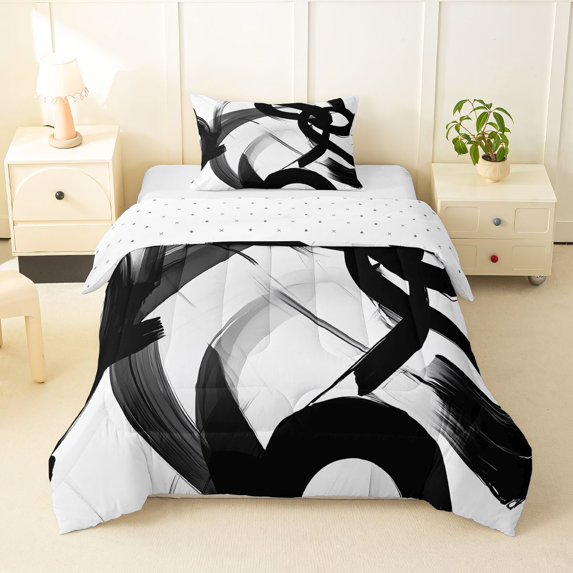 Homewish Aesthetic Lines Twin Comforter Sets,Geometric Abstract Bedding Set,Black White,Reversible,2pcs,1 Comforter and 1 Pillowcase