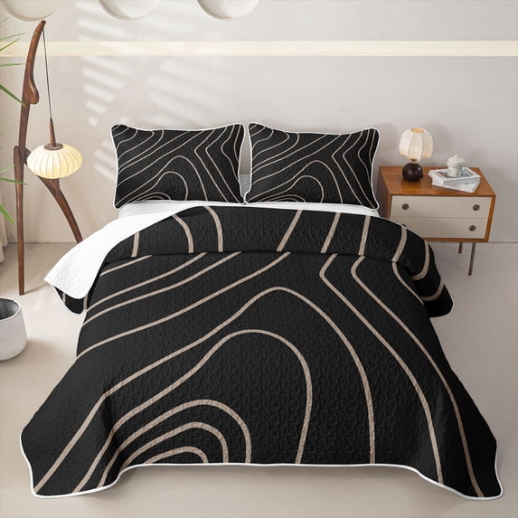 Homewish Aesthetic Lines Twin Quilt Set,Minimalist Artwork Twin Coverlet Set,Black Brown,2 Pieces