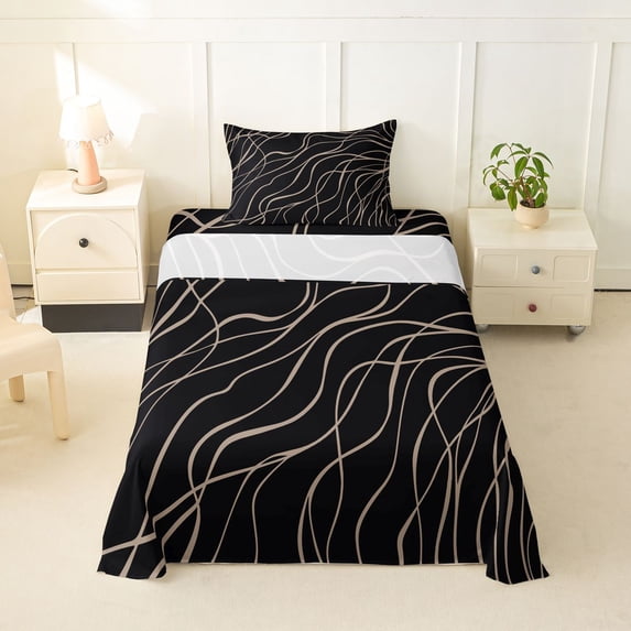 Homewish Aesthetic Lines Twin Sheets,Modern Abstract Bedding,Black Brown,3 Pieces,1 Fitted Sheet and 1 Pillowcase