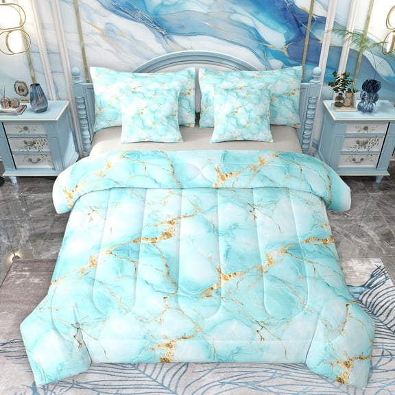 Homewish Aesthetic Marble 7pcs Bedding Comforter Set,Ink Fluid Desgin Queen Bedding Sets,Gold Cyan Queen Sheet Sets For Teens,Breathable Bedroom Decor Reversible