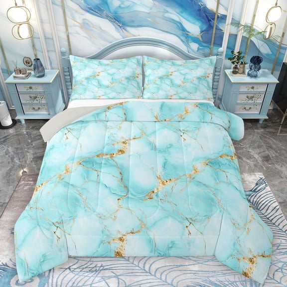Homewish Aesthetic Marble Bedding Comforter Set,Ink Fluid Desgin Twin Comforter Sets,Gold Cyan Bedding Set For Teens,Breathable Bedroom Decor Reversible,2pcs