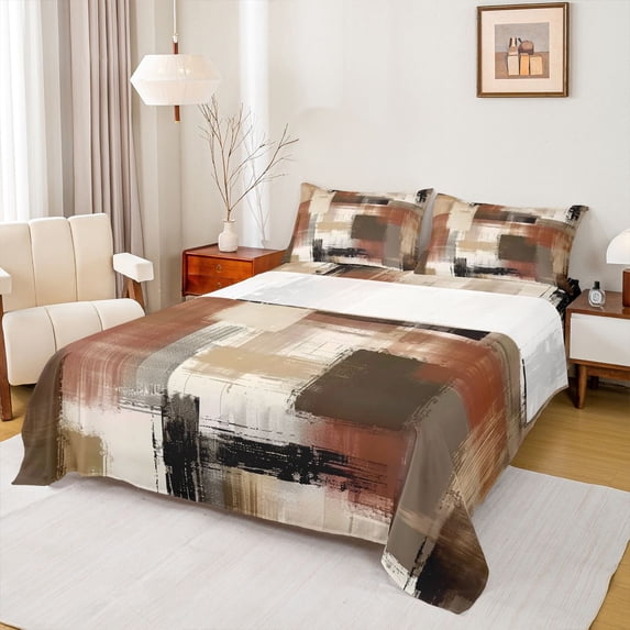 Homewish Aesthetic Oil Painting Queen Sheets,Geometric Abstract Queen Sheet Sets,Brown,4-Piece,1 Flat Sheet, 1 Fitted Sheet and 2 Pillowcases