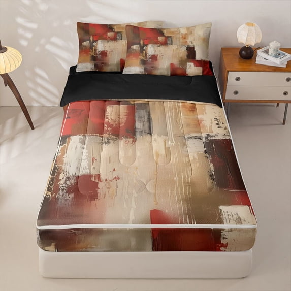 Homewish Aesthetic Oil Painting Zipper Full Size Comforter Sets with Fitted Sheet and 2 Pillowcases,Grunge Geometric Artwork Zipper Bedding Set,Black Reversible,4pcs