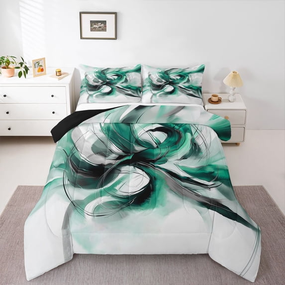 Homewish Aesthetic Ombre Queen Comforter Set,Geometric Abstract Comforter Sets Queen,Mint Green,Black Reversible,3 Pieces,1 Comforter and 2 Pillowcases