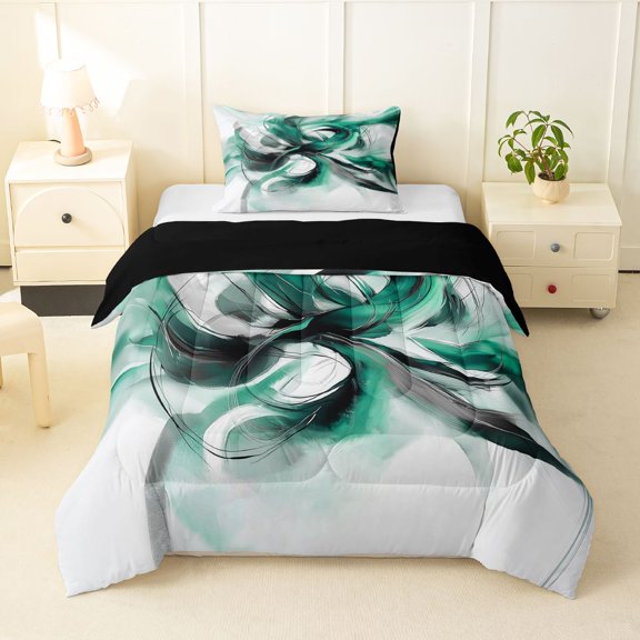 Homewish Aesthetic Ombre Twin Comforter Sets,Geometric Abstract Bedding Set,Mint Green,Black Reversible,2pcs,1 Comforter and 1 Pillowcase