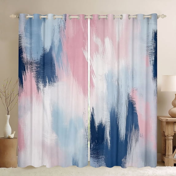 Homewish Aesthetic Patchwork Kitchen Curtains,Vintage Abstract Art Black Out Curtains Pack of 2 (42x63 Each),Pink Blue