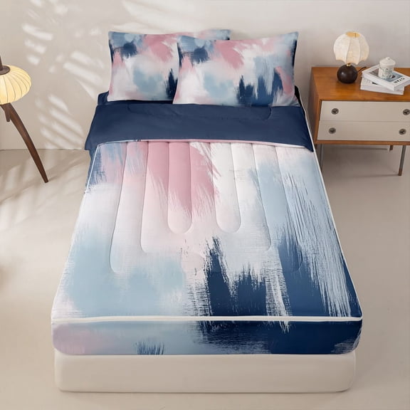 Homewish Aesthetic Patchwork Zipper Full Size Comforter Sets with Fitted Sheet and 2 Pillowcases,Vintage Abstract Art Zipper Bedding Set,Pink Blue,Navy Blue Reversible,4pcs
